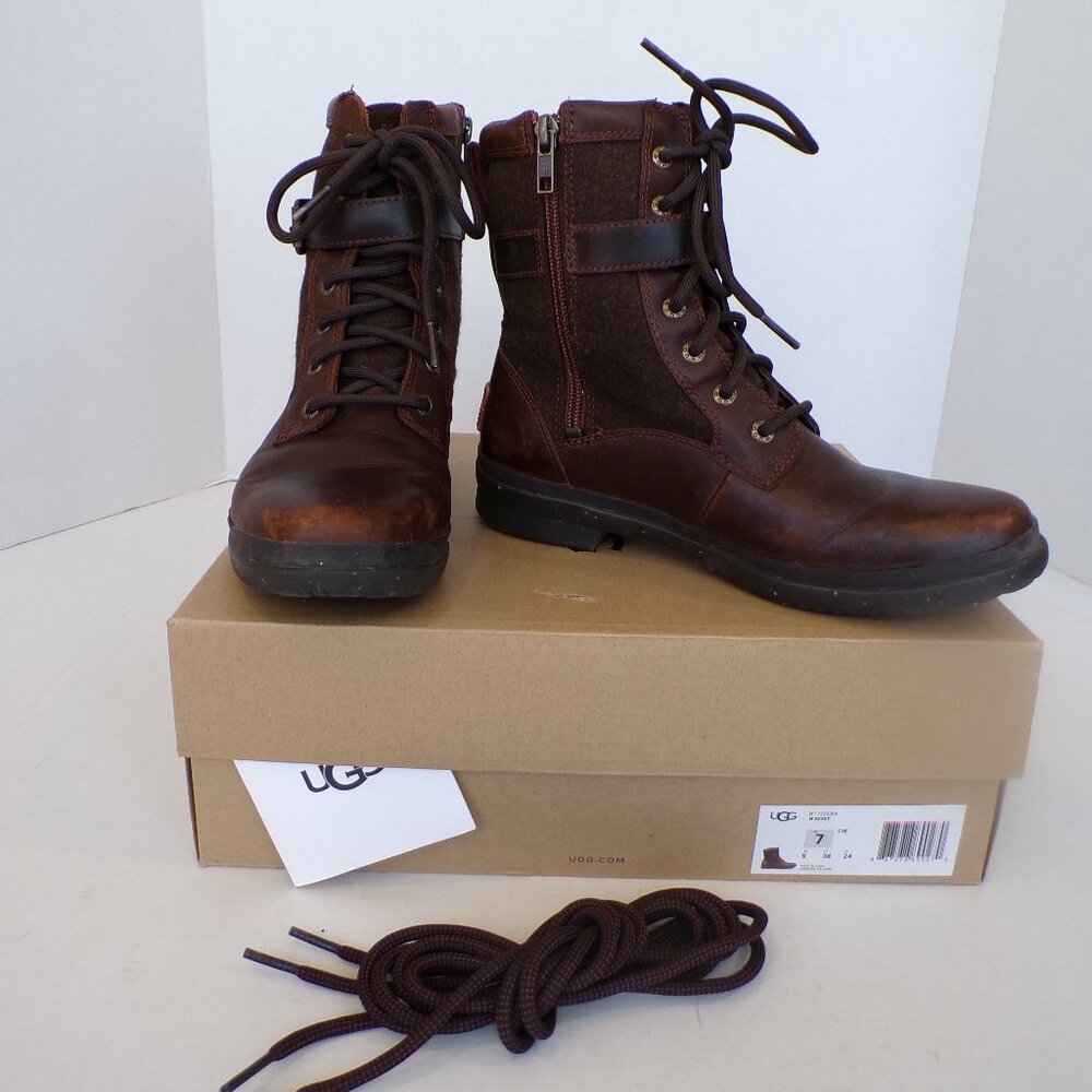 UGG Kesey Boots Brown Leather Shearling Lined Lace Up Waterproof Womens Size 7